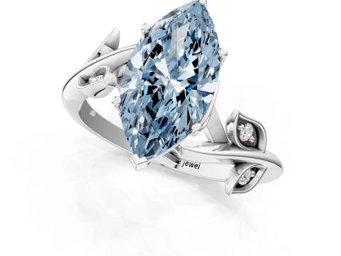 White gold Fancy Blue Marquise Cut Solitaire Twist Engagement Ring with Leaf Accents and Prong Setting_13