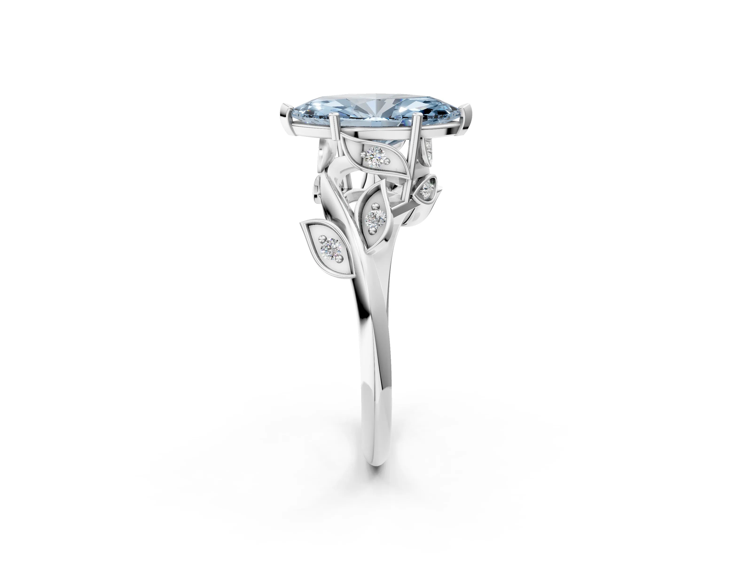 White gold Fancy Blue Marquise Cut Solitaire Twist Engagement Ring with Leaf Accents and Prong Setting_14