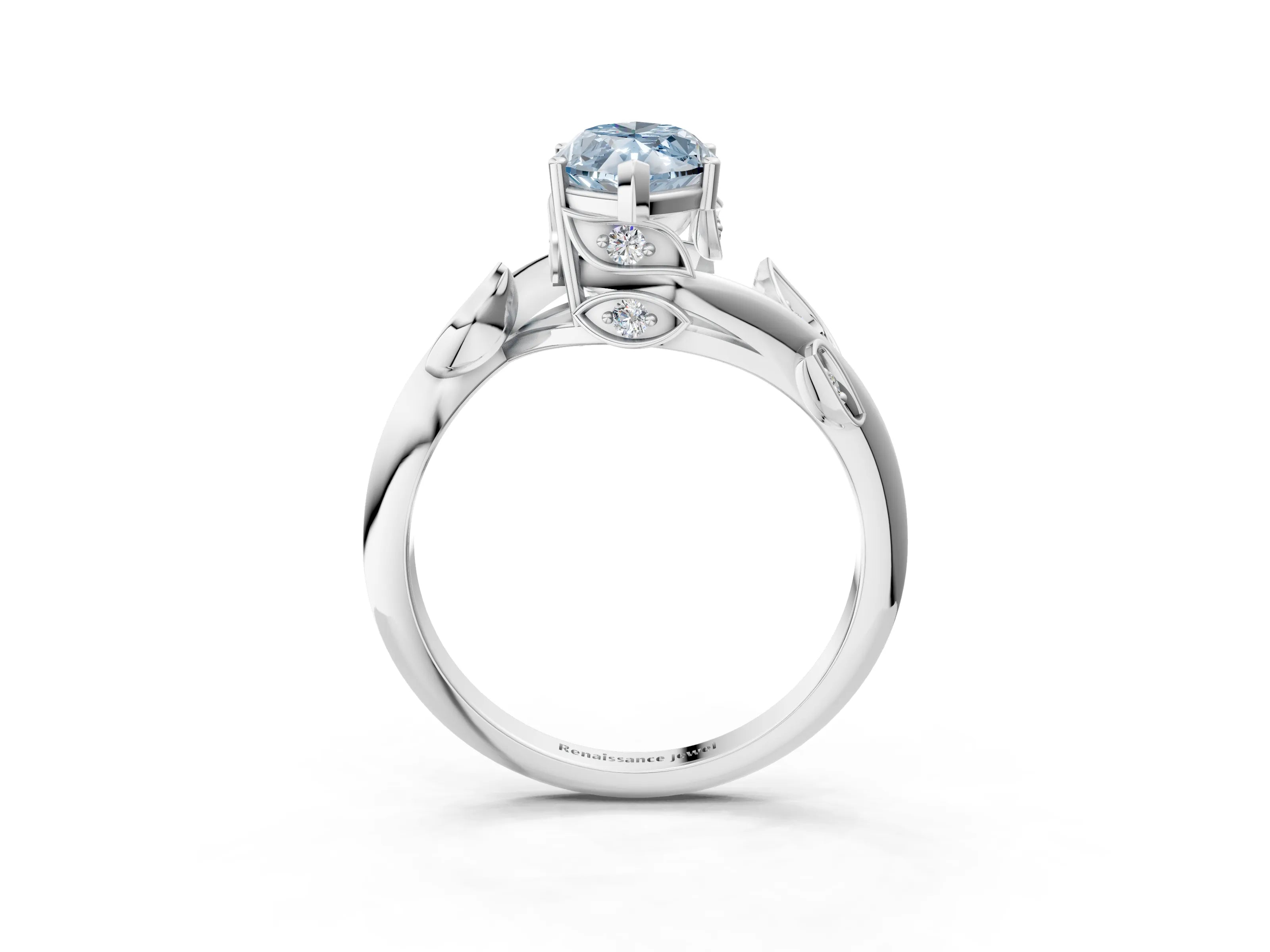 White gold Fancy Blue Marquise Cut Solitaire Twist Engagement Ring with Leaf Accents and Prong Setting_15