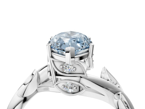 White gold Fancy Blue Marquise Cut Solitaire Twist Engagement Ring with Leaf Accents and Prong Setting_16