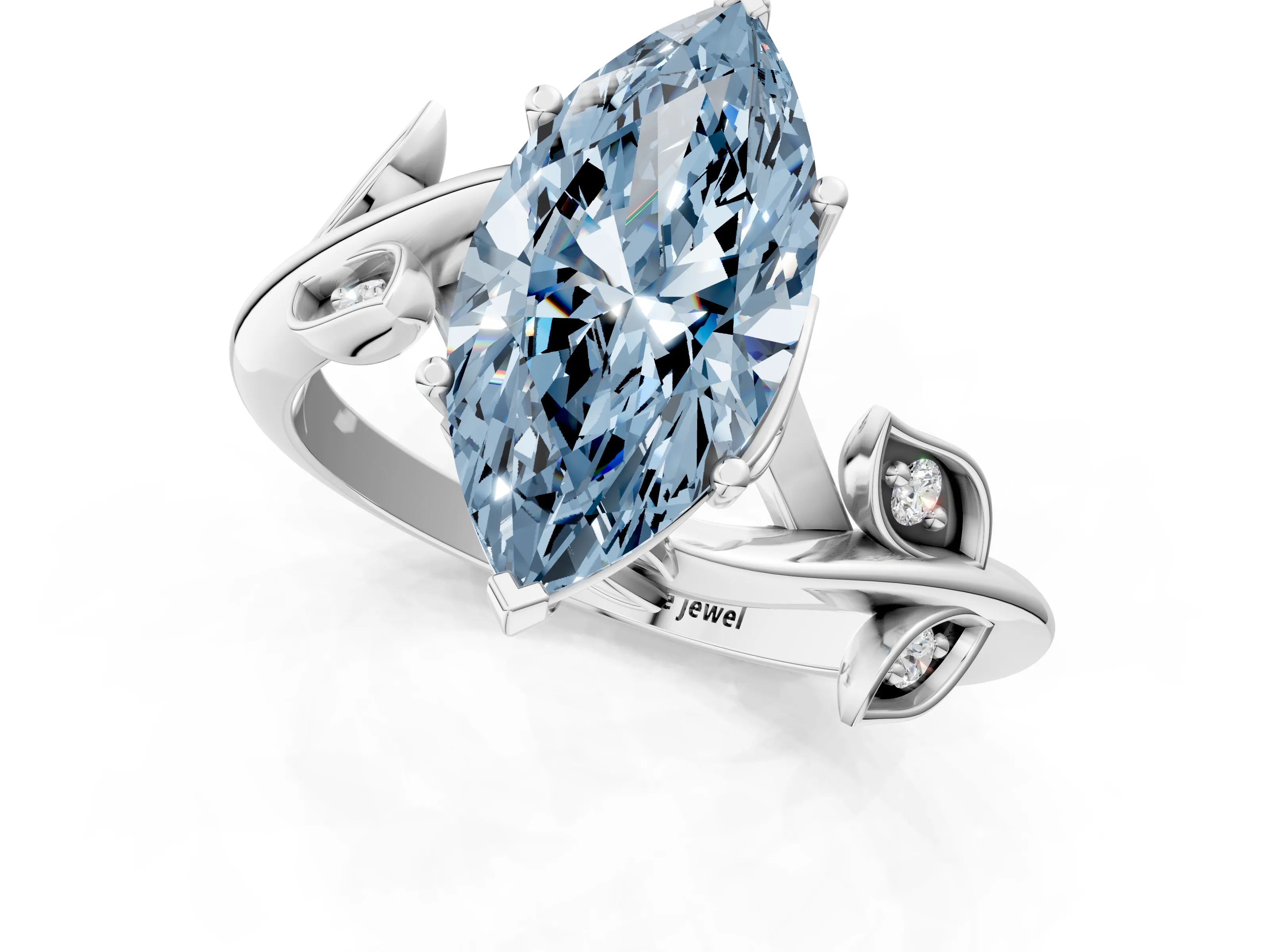 White gold Fancy Blue Marquise Cut Solitaire Twist Engagement Ring with Leaf Accents and Prong Setting_19