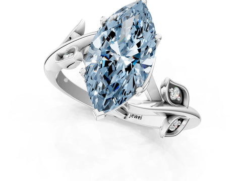 White gold Fancy Blue Marquise Cut Solitaire Twist Engagement Ring with Leaf Accents and Prong Setting_19
