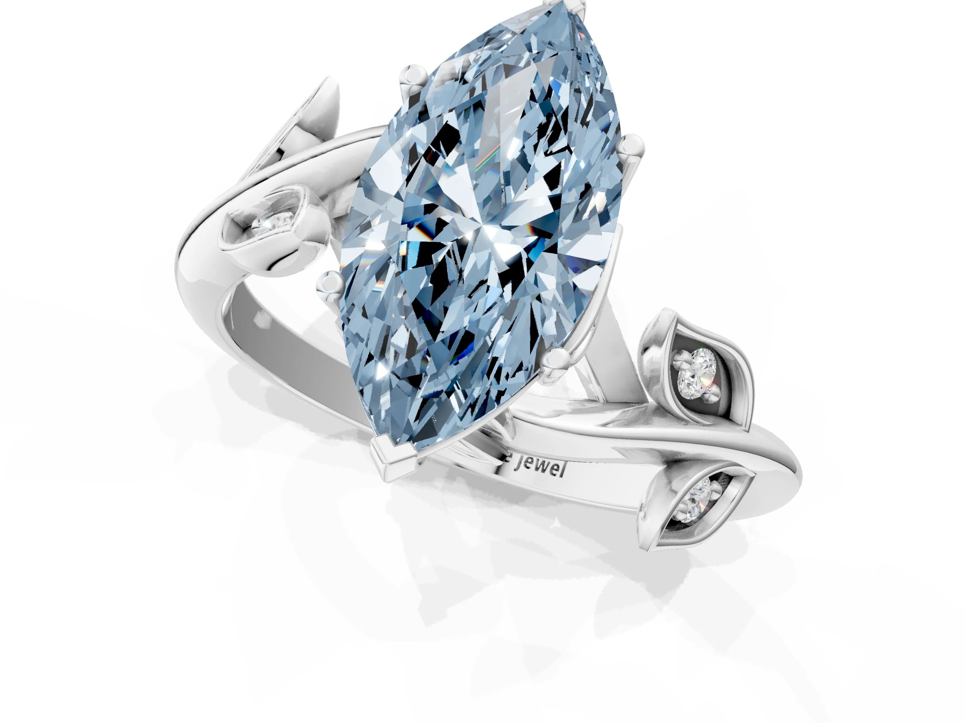 White gold Fancy Blue Marquise Cut Solitaire Twist Engagement Ring with Leaf Accents and Prong Setting_1