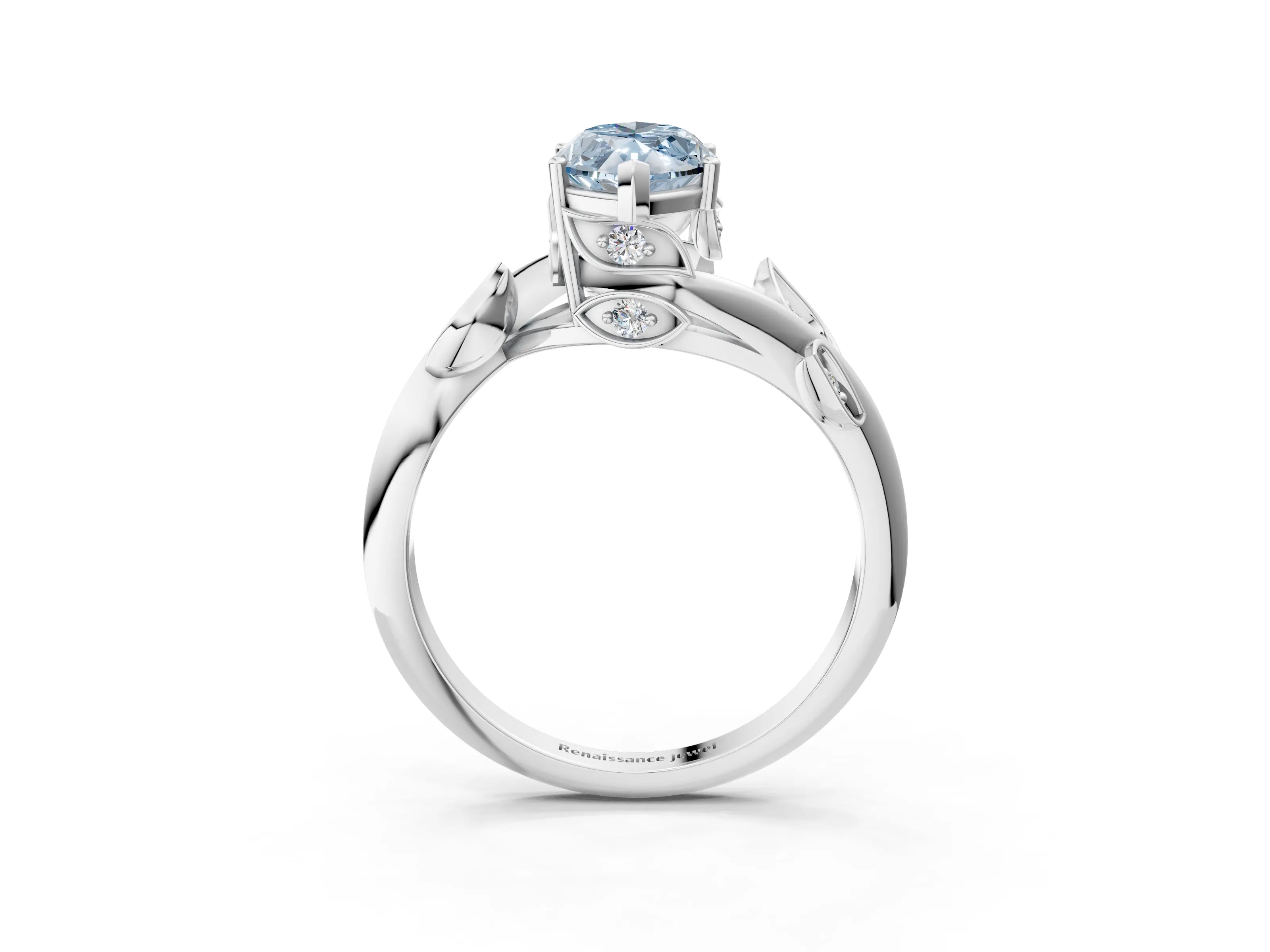 White gold Fancy Blue Marquise Cut Solitaire Twist Engagement Ring with Leaf Accents and Prong Setting_21