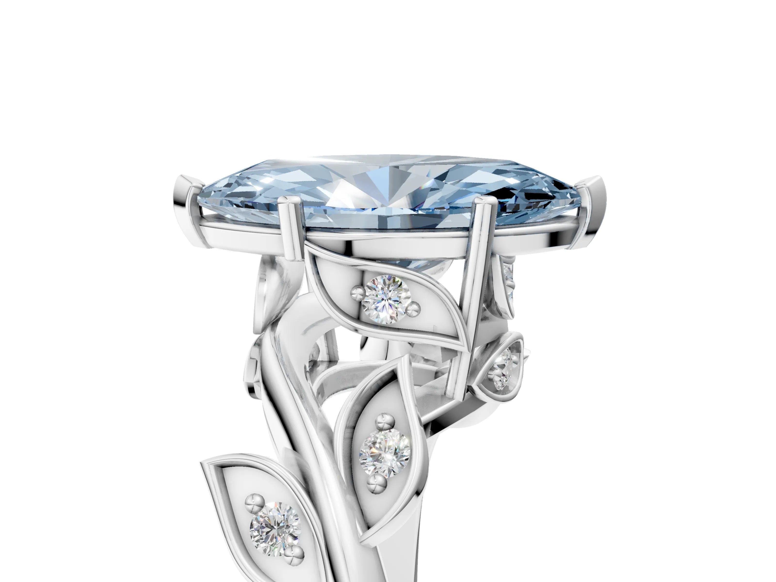 White gold Fancy Blue Marquise Cut Solitaire Twist Engagement Ring with Leaf Accents and Prong Setting_23