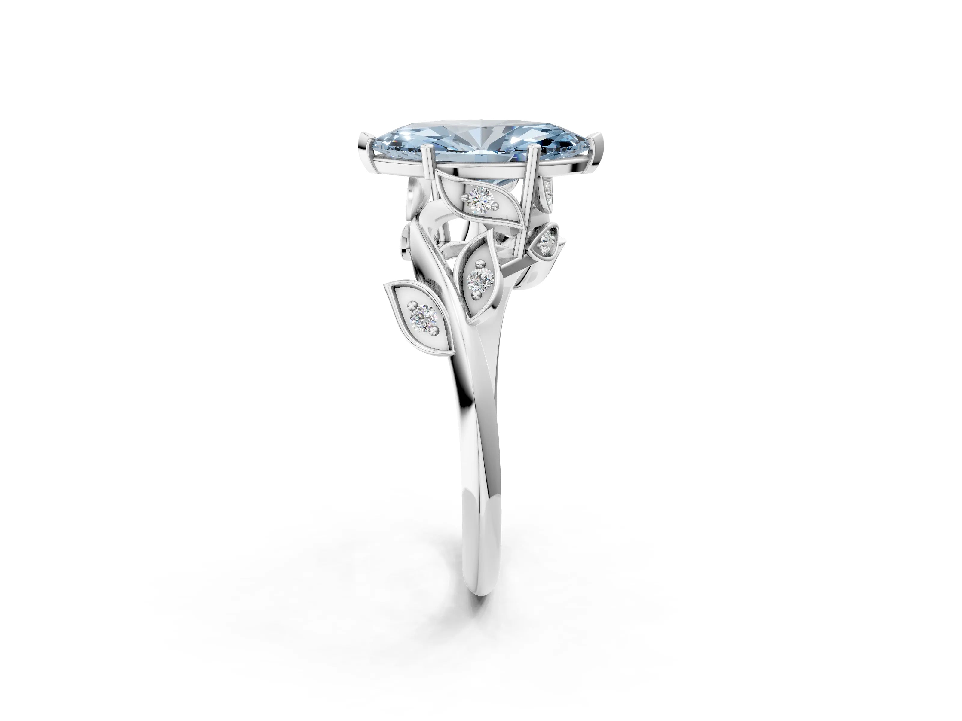 White gold Fancy Blue Marquise Cut Solitaire Twist Engagement Ring with Leaf Accents and Prong Setting_2