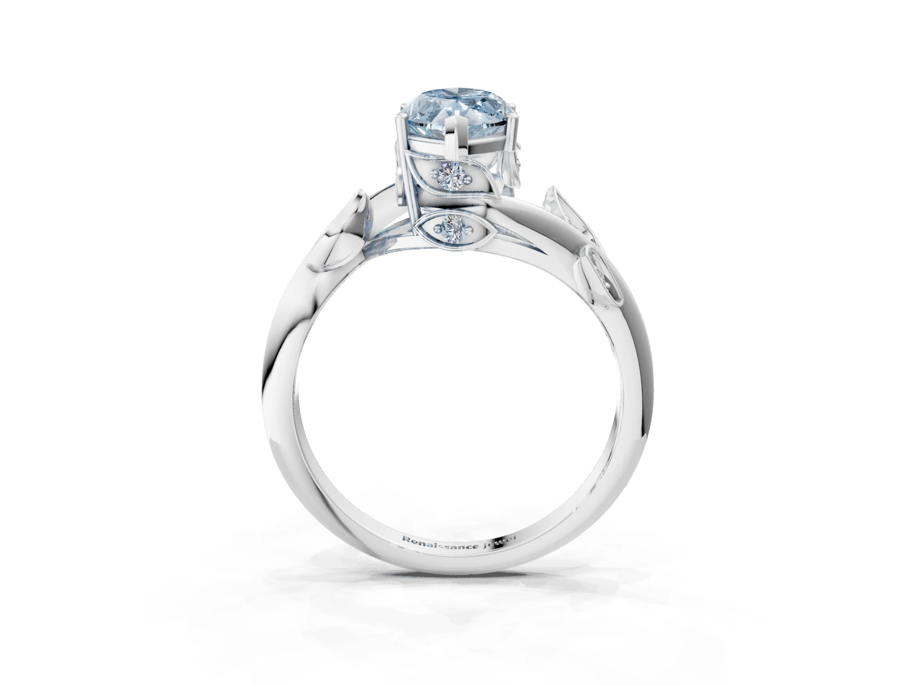 White gold Fancy Blue Marquise Cut Solitaire Twist Engagement Ring with Leaf Accents and Prong Setting_3