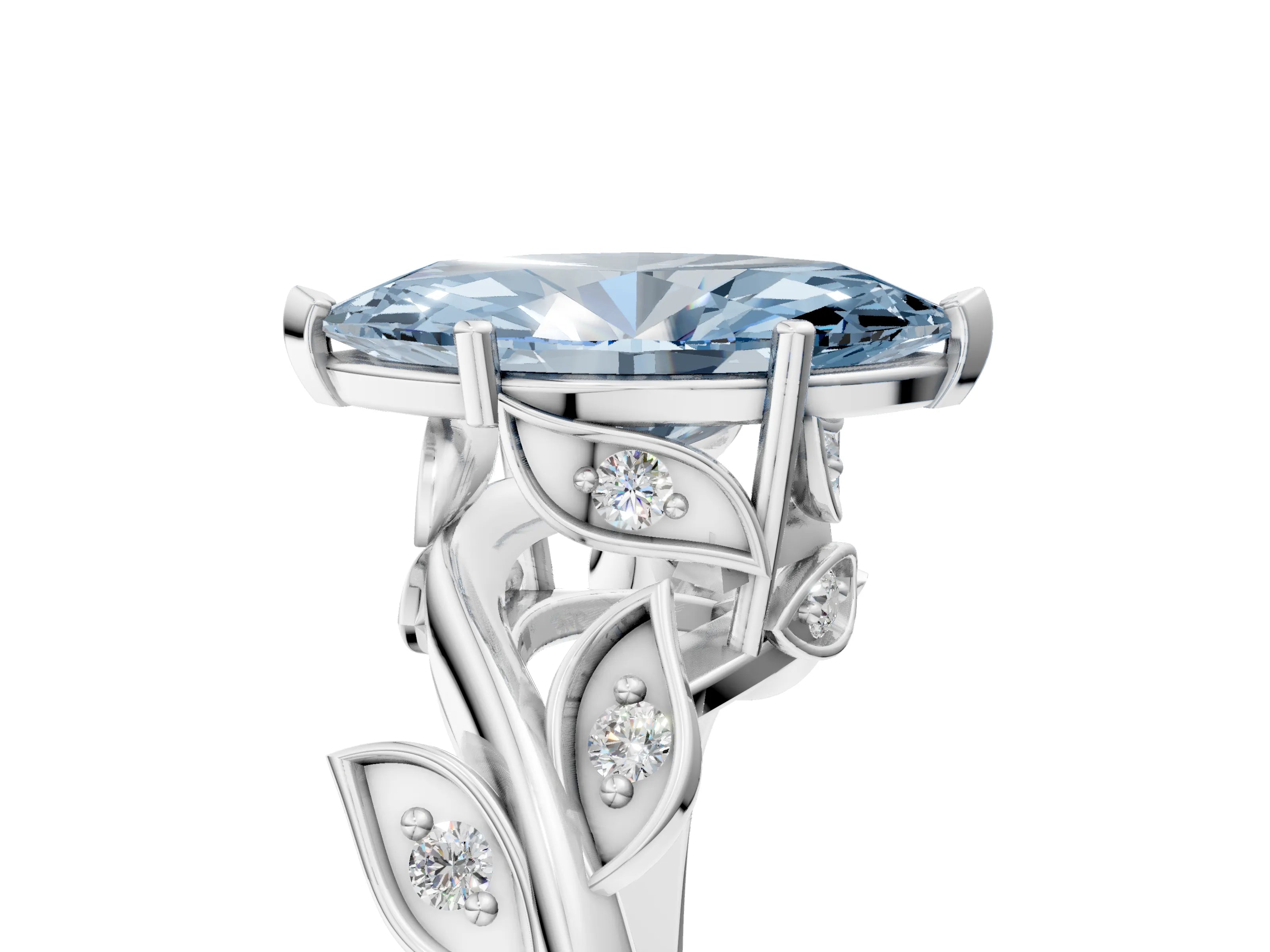 White gold Fancy Blue Marquise Cut Solitaire Twist Engagement Ring with Leaf Accents and Prong Setting_5