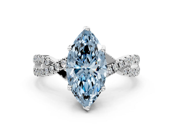 Platinum Fancy Blue Marquise Cut Solitaire Twist Pave Diamond Engagement Ring with Prong Setting