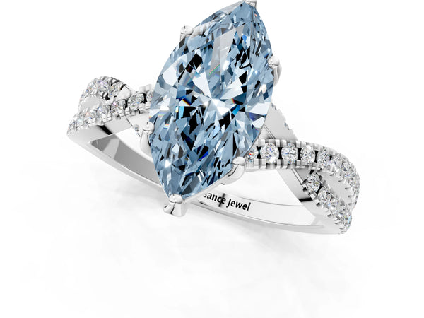 Platinum Fancy Blue Marquise Cut Solitaire Twist Pave Diamond Engagement Ring with Prong Setting