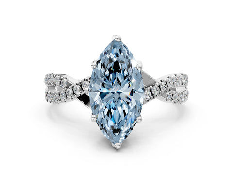 White gold Fancy Blue Marquise Cut Solitaire Twist Pave Diamond Engagement Ring with Prong Setting