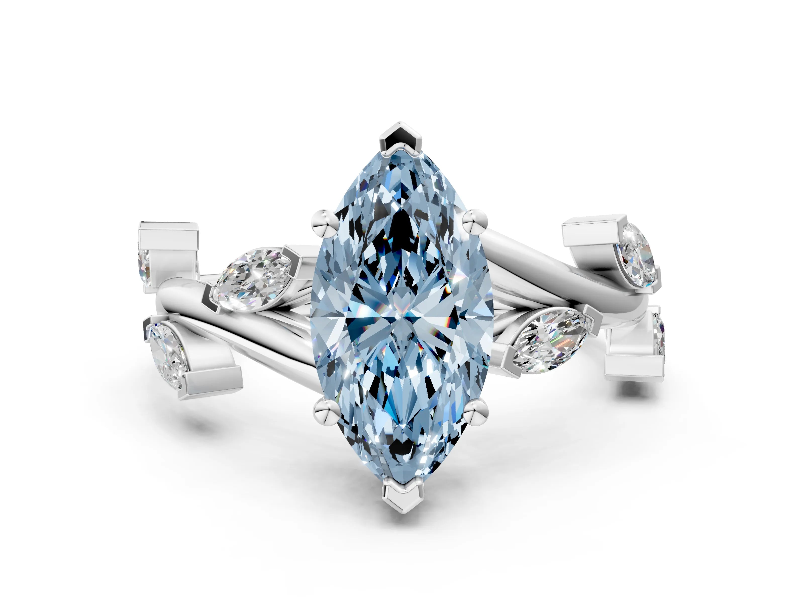 White gold Fancy Blue Marquise Cut Solitaire Twisted Band Marquise Accent Prong Setting Ring