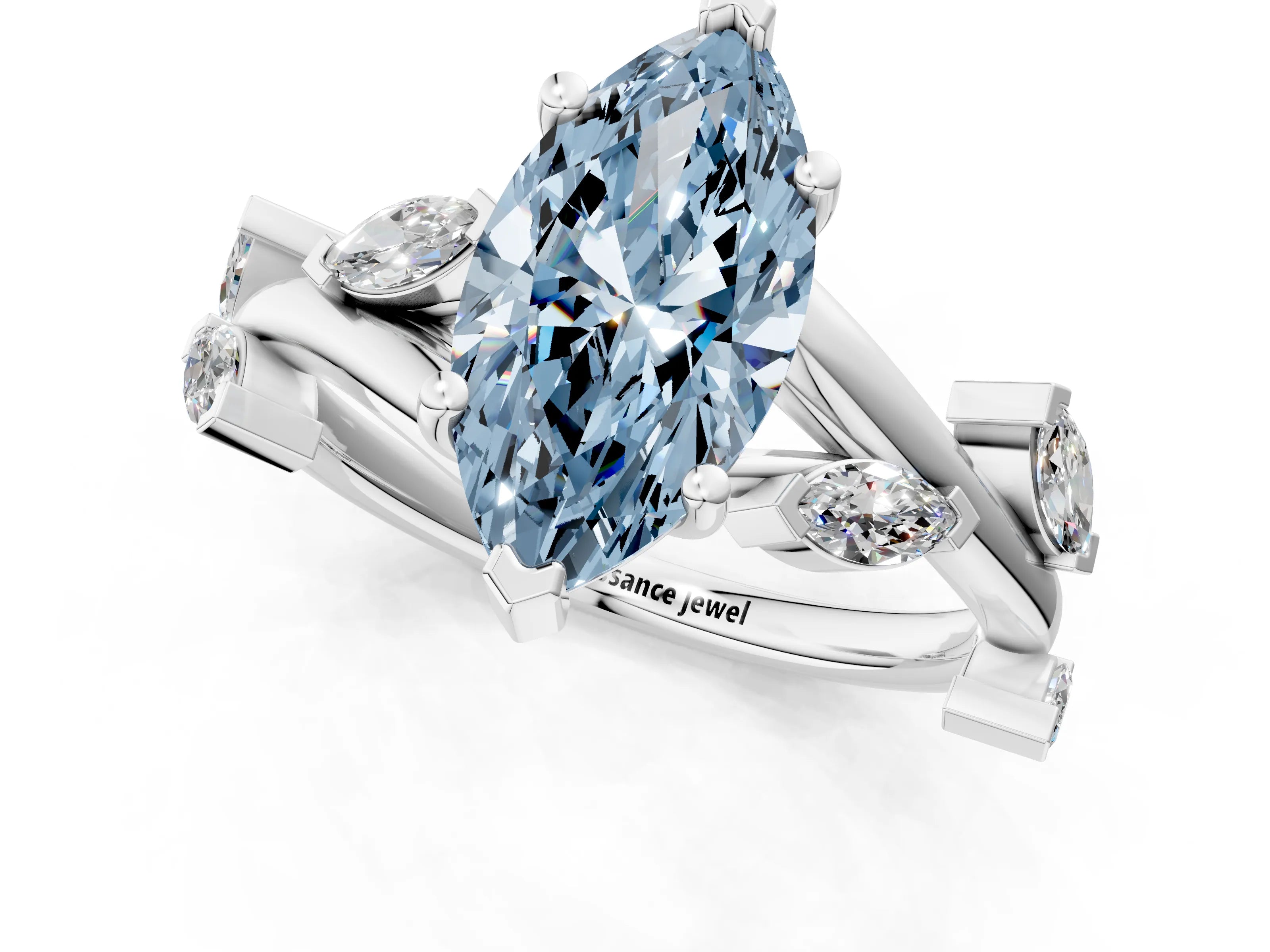 White gold Fancy Blue Marquise Cut Solitaire Twisted Band Marquise Accent Prong Setting Ring_1