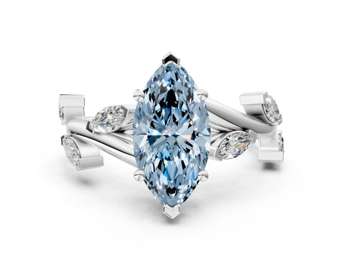 White gold Fancy Blue Marquise Cut Solitaire Twisted Band Marquise Accent Prong Setting Ring