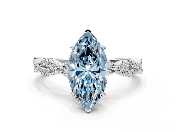 White gold Fancy Blue Marquise Cut Solitaire Twisted Pave Band with Four-Prong Setting