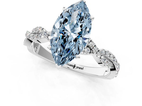 White gold Fancy Blue Marquise Cut Solitaire Twisted Pave Band with Four-Prong Setting