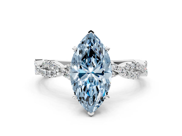 White gold Fancy Blue Marquise Cut Solitaire Twisted Pave Band with Four-Prong Setting