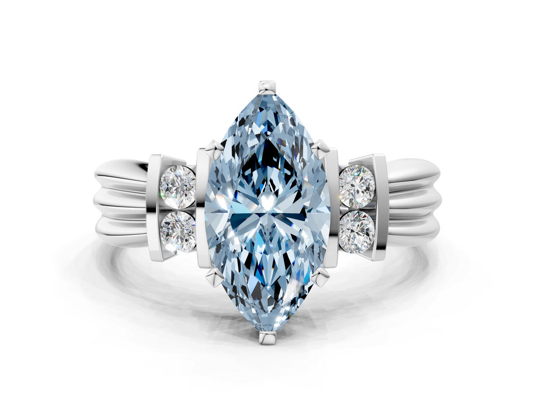 White gold Fancy Blue Marquise  Cut Three-Stone Channel Set Ring with Bar Prongs_89