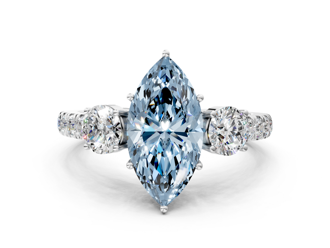 White gold Fancy Blue Marquise  Cut Three-Stone Diamond Pave Band with Prong Setting_37