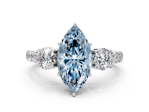 Platinum Fancy Blue Marquise  Cut Diamond Three-Stone Ring with Round Side Stones and Pavé Band
