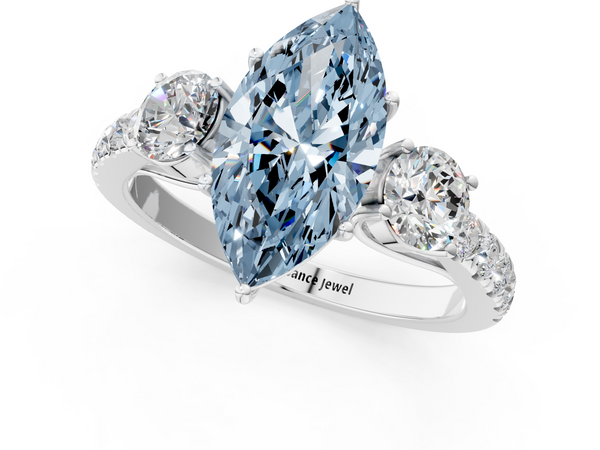 Platinum Fancy Blue Marquise  Cut Diamond Three-Stone Ring with Round Side Stones and Pavé Band