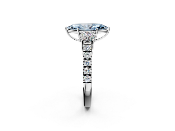 Platinum Fancy Blue Marquise  Cut Diamond Three-Stone Ring with Round Side Stones and Pavé Band