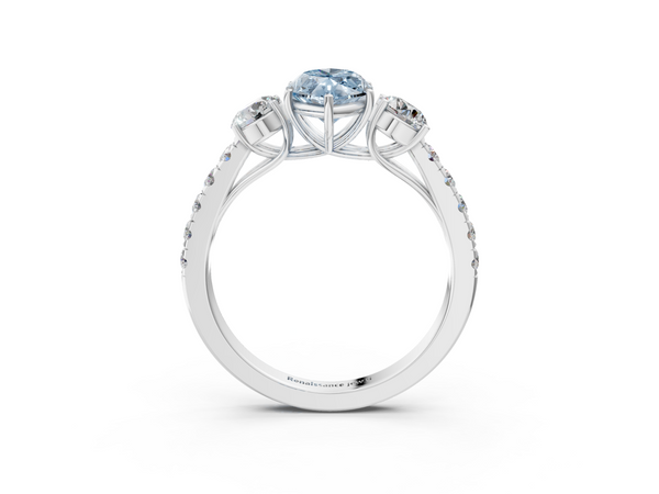 Platinum Fancy Blue Marquise  Cut Diamond Three-Stone Ring with Round Side Stones and Pavé Band