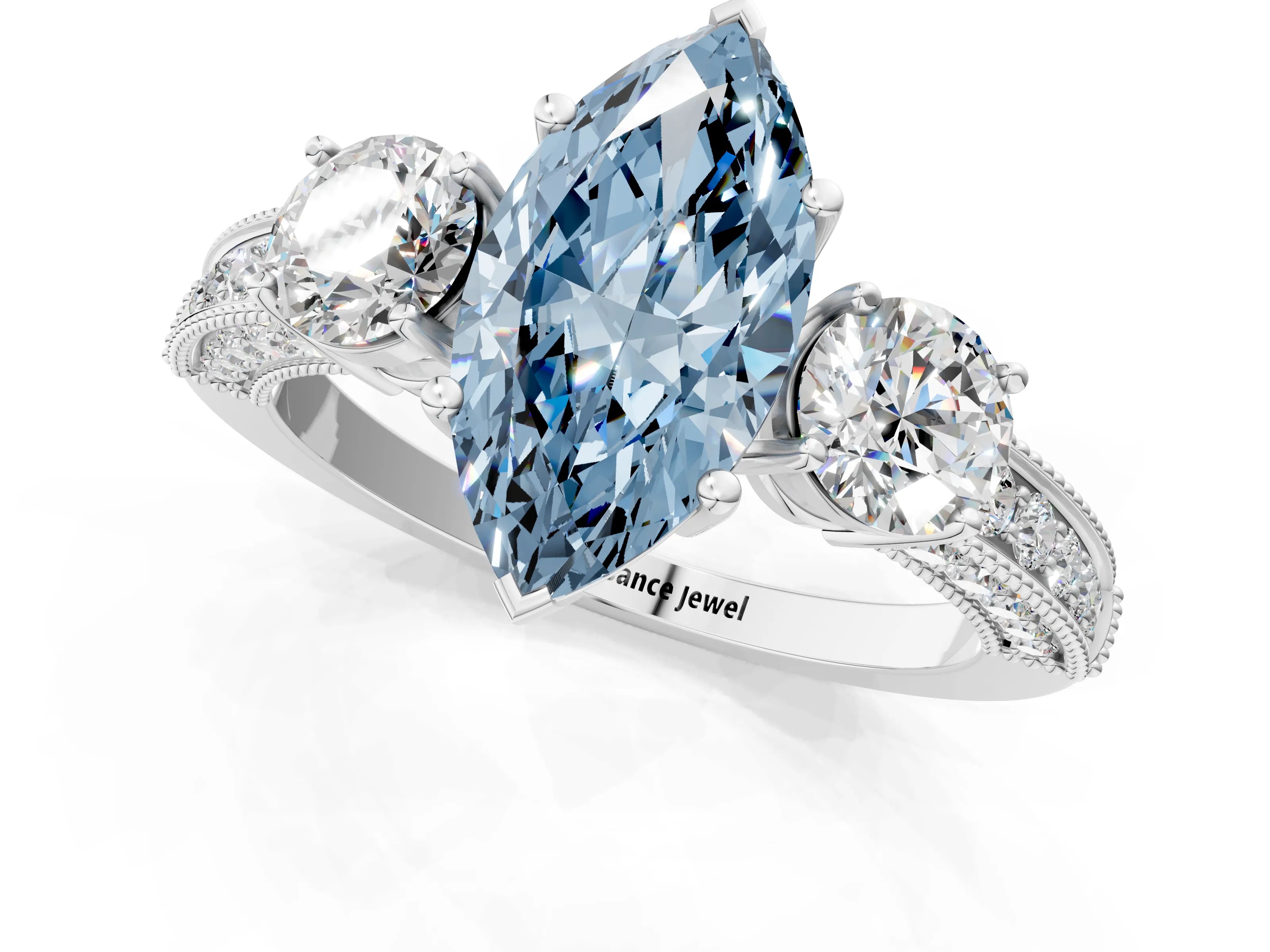 White gold Fancy Blue Marquise Cut Three-Stone Diamond Ring with Pavé Band and Four-Prong Setting_1