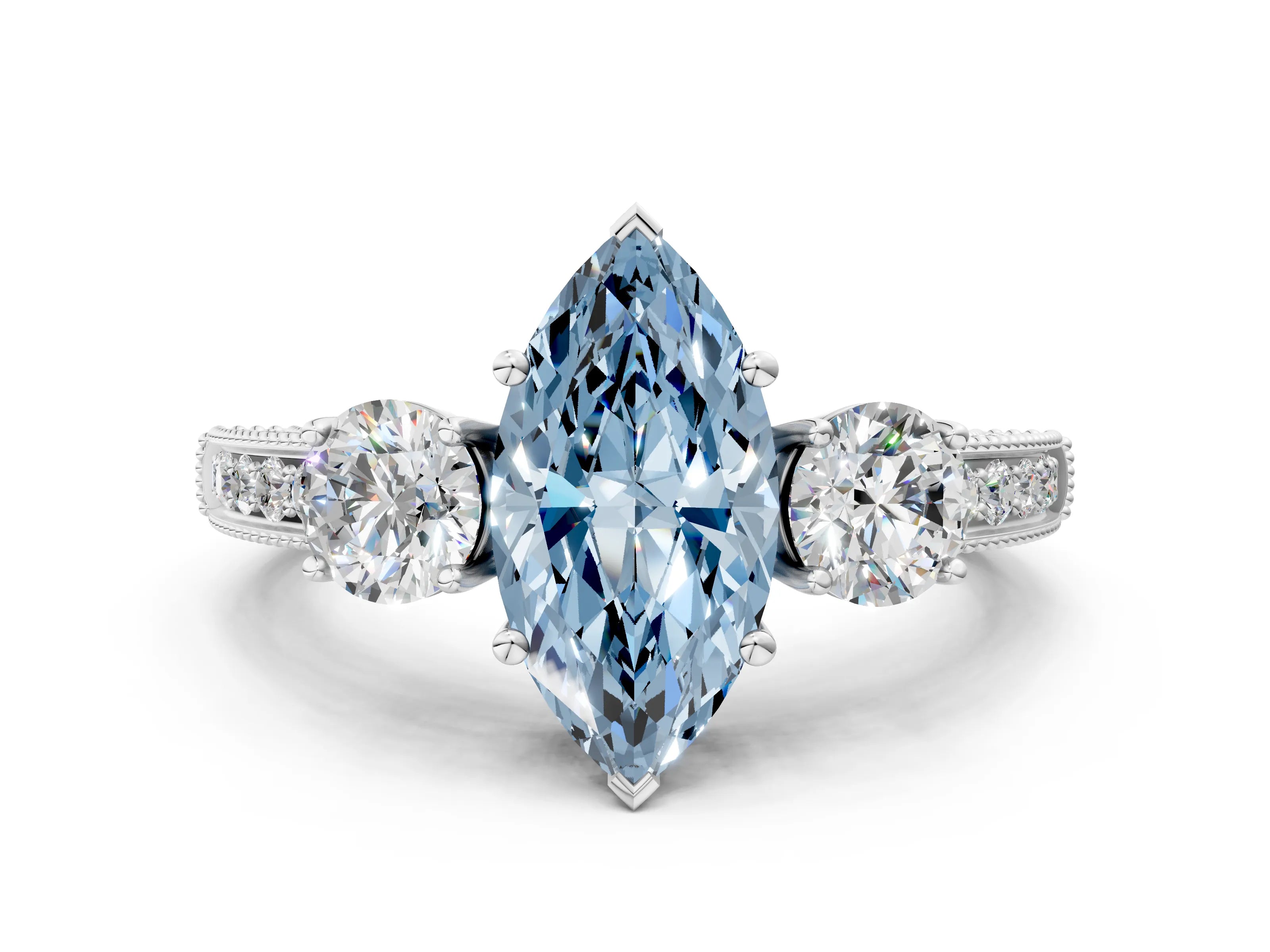 White gold Fancy Blue Marquise Cut Three-Stone Diamond Ring with Pavé Band and Four-Prong Setting_12