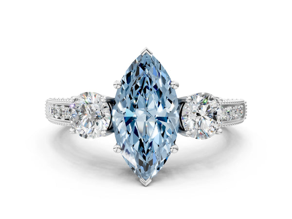 White gold Fancy Blue Marquise Cut Three-Stone Diamond Ring with Pavé Band and Four-Prong Setting