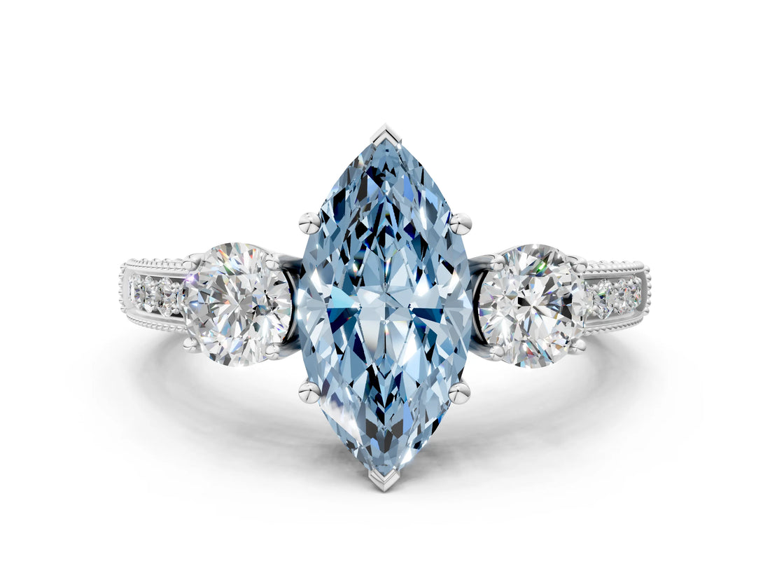 White gold Fancy Blue Marquise Cut Three-Stone Diamond Ring with Pavé Band and Four-Prong Setting_12