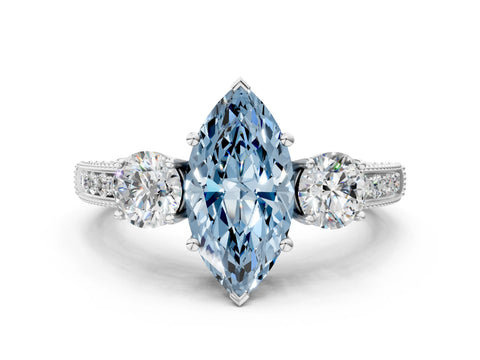 White gold Fancy Blue Marquise Cut Three-Stone Diamond Ring with Pavé Band and Four-Prong Setting_12