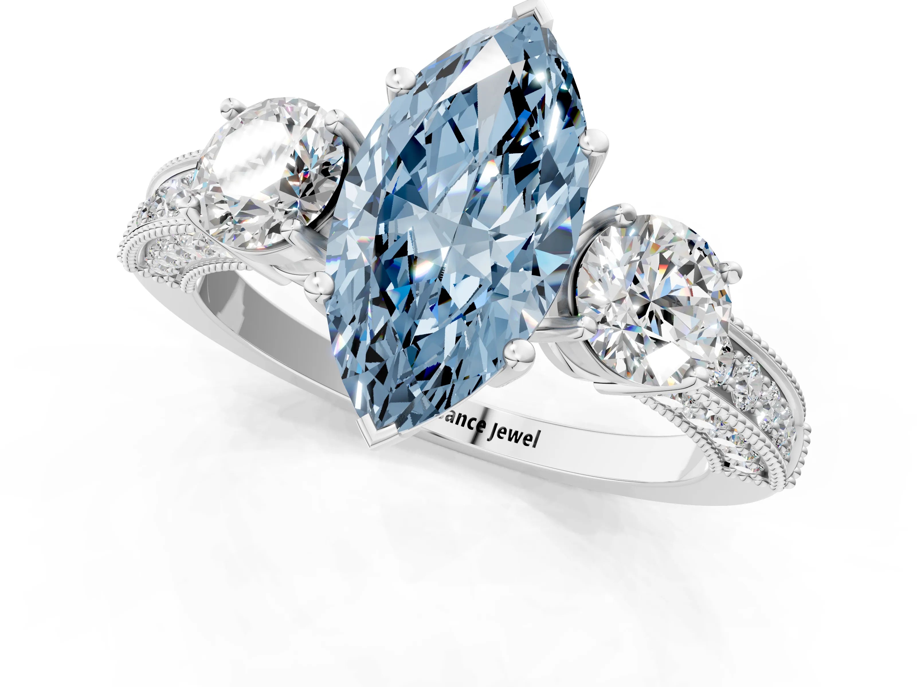 White gold Fancy Blue Marquise Cut Three-Stone Diamond Ring with Pavé Band and Four-Prong Setting_13