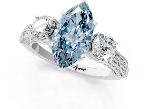 White gold Fancy Blue Marquise Cut Three-Stone Diamond Ring with Pavé Band and Four-Prong Setting_13