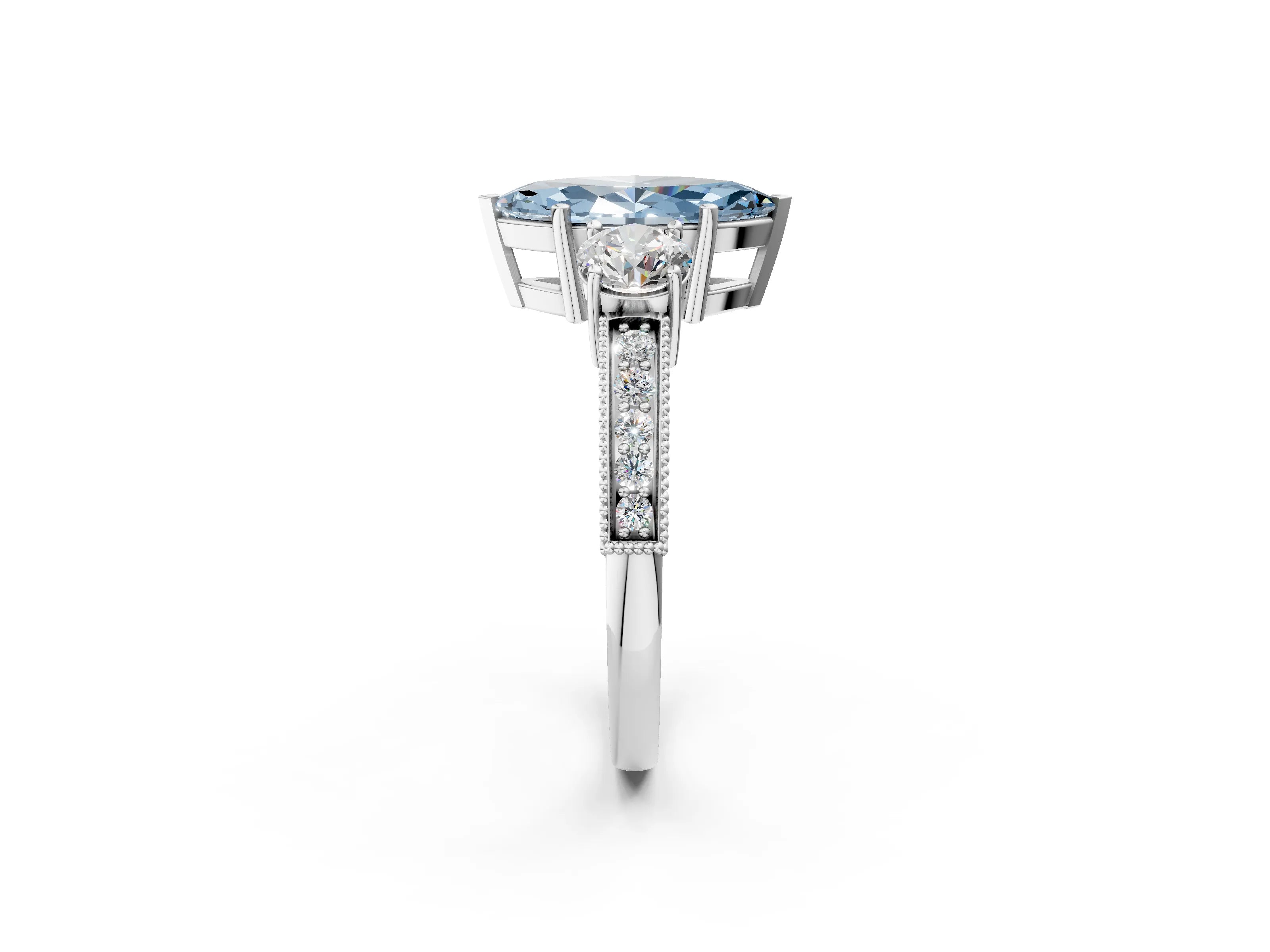 White gold Fancy Blue Marquise Cut Three-Stone Diamond Ring with Pavé Band and Four-Prong Setting_14