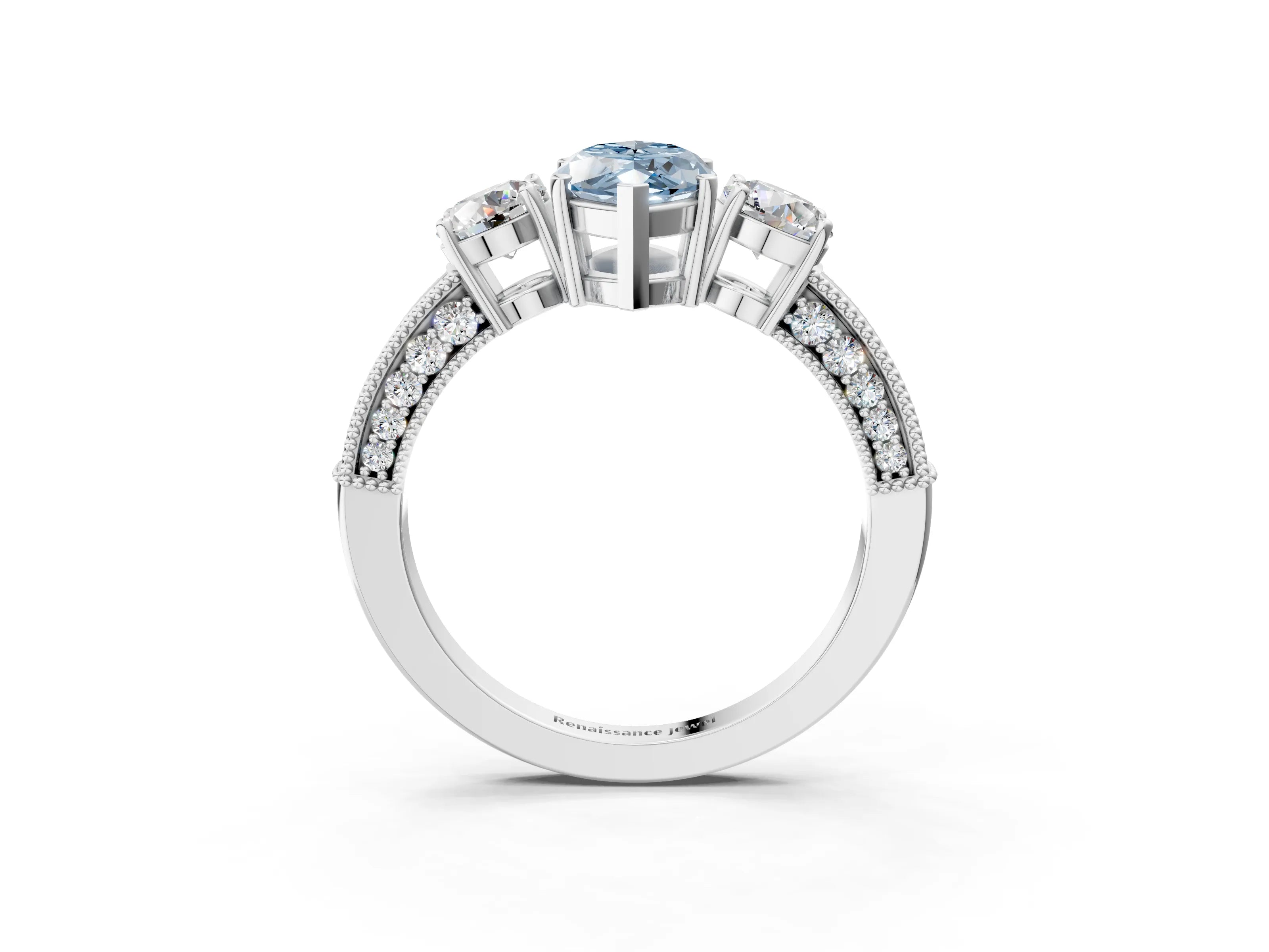 White gold Fancy Blue Marquise Cut Three-Stone Diamond Ring with Pavé Band and Four-Prong Setting_15