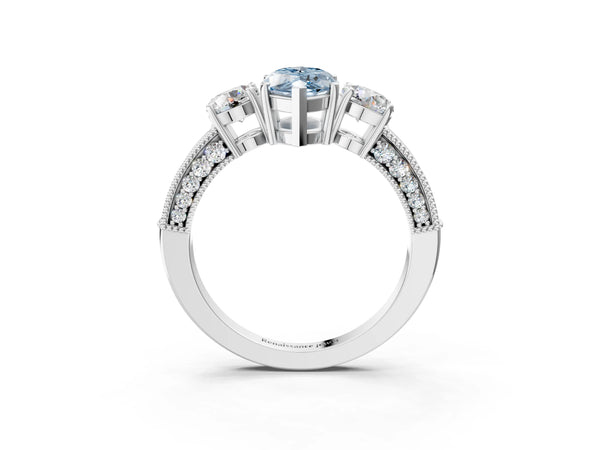 White gold Fancy Blue Marquise Cut Three-Stone Diamond Ring with Pavé Band and Four-Prong Setting