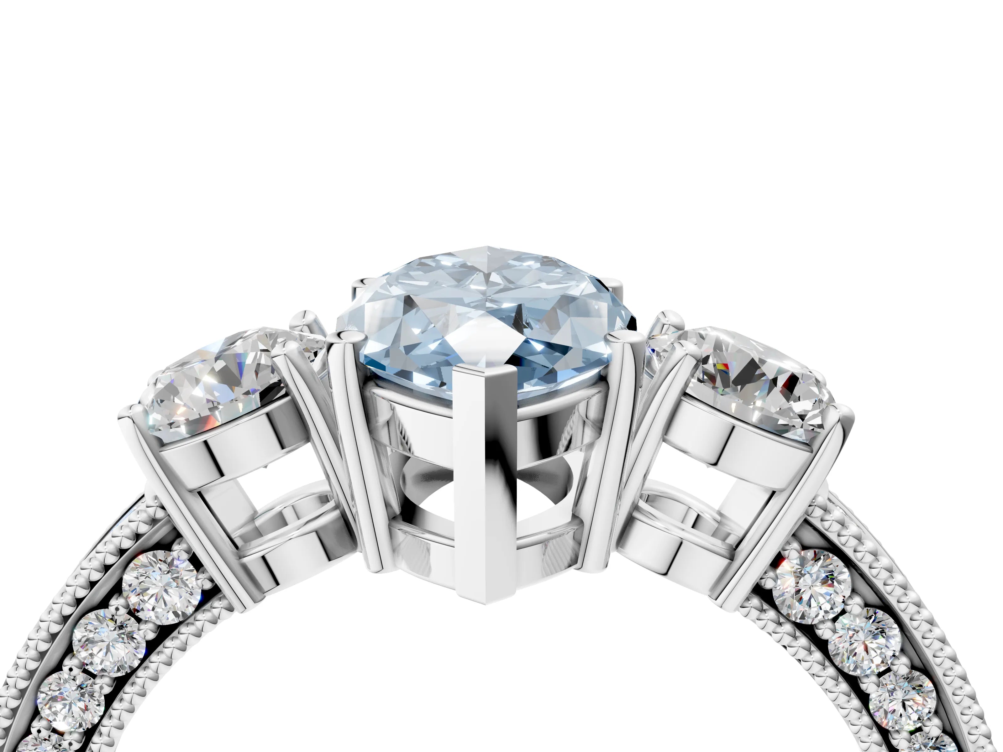 White gold Fancy Blue Marquise Cut Three-Stone Diamond Ring with Pavé Band and Four-Prong Setting_16