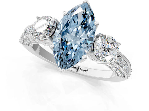 White gold Fancy Blue Marquise Cut Three-Stone Diamond Ring with Pavé Band and Four-Prong Setting_1