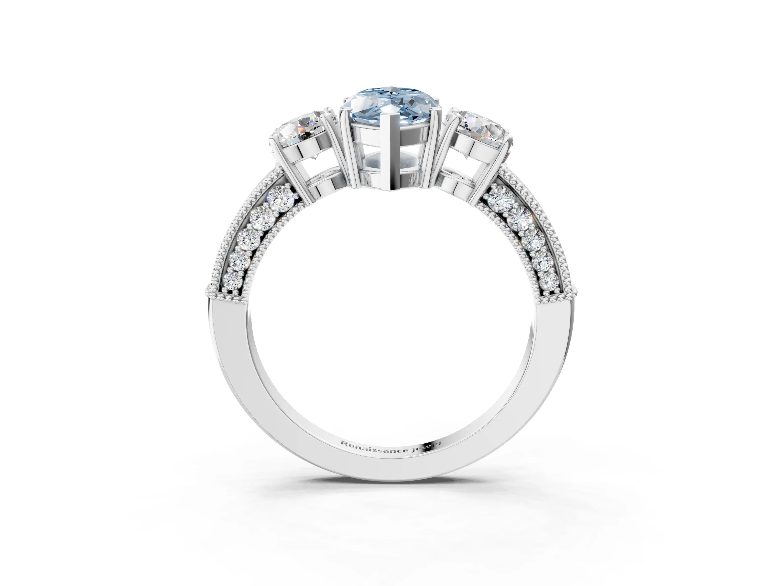 White gold Fancy Blue Marquise Cut Three-Stone Diamond Ring with Pavé Band and Four-Prong Setting_3