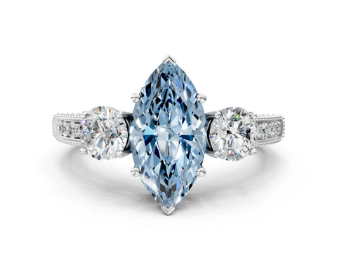 White gold Fancy Blue Marquise Cut Three-Stone Diamond Ring with Pavé Band and Four-Prong Setting