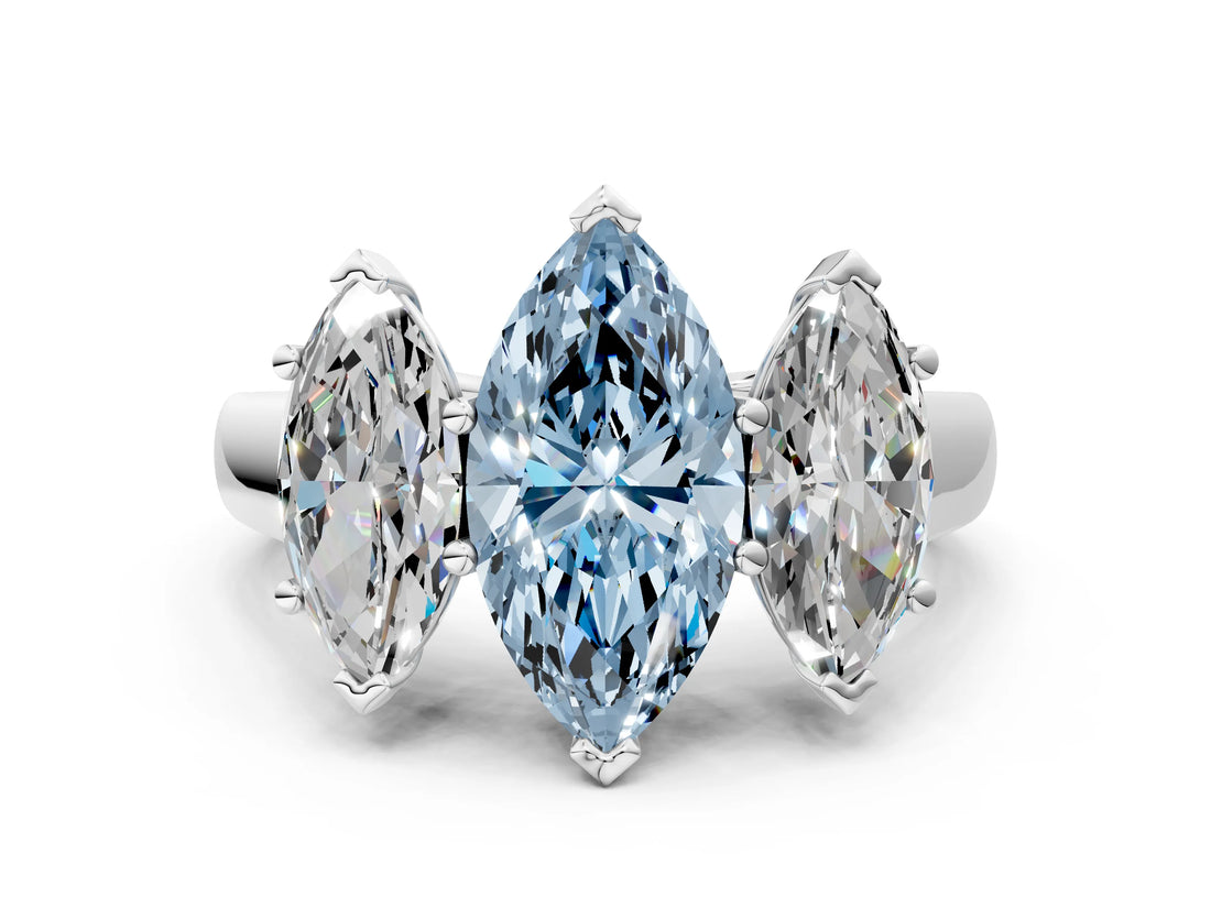 White gold Fancy Blue Marquise Cut Three-Stone Diamond Ring with Prong Setting on a Classic Band_12