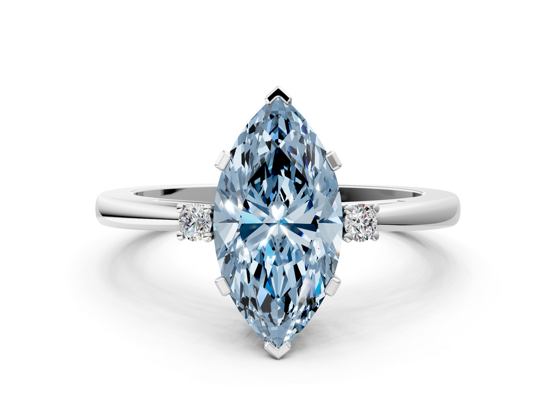 White gold Fancy Blue Marquise  Cut Three-Stone Solitaire Ring with Round Accent Diamonds and Four-Prong Setting_20