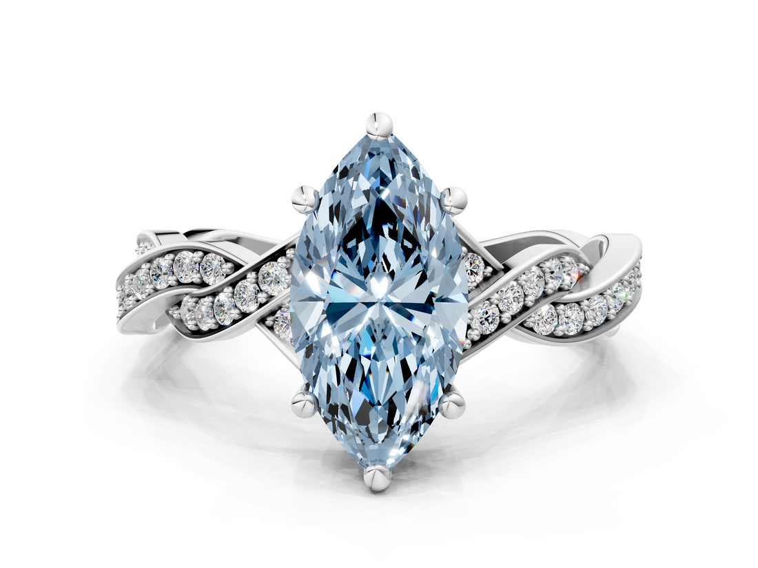 White gold Fancy Blue Marquise  Cut Twisted Pavé Band Solitaire Ring with Four-Prong Setting_55