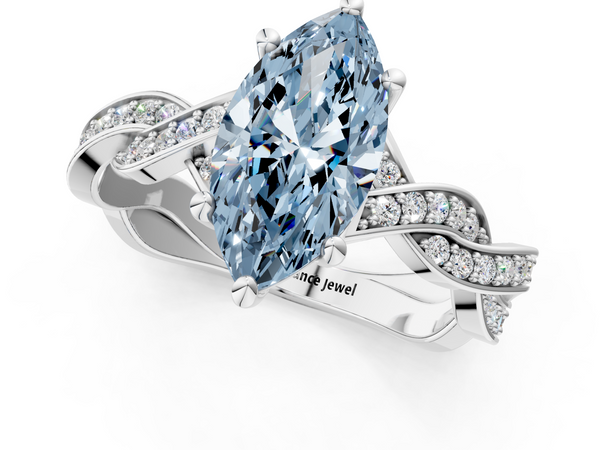 White gold Fancy Blue Marquise  Cut Twisted Pavé Band Solitaire Ring with Four-Prong Setting