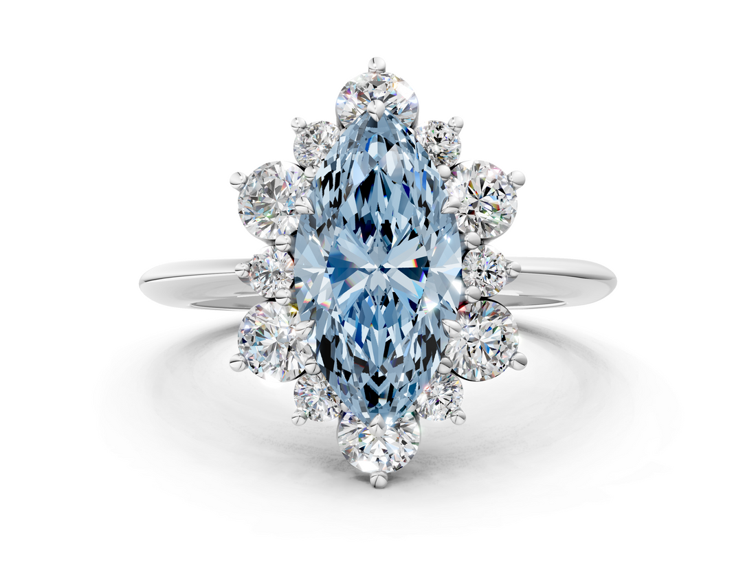 White gold Fancy Blue Marquise  Diamond Cluster Halo Ring with Solitaire Band and Four-Prong Setting_20