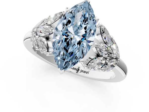 White gold Fancy Blue Marquise  Diamond Cluster Leaf Design Ring with Prong Setting