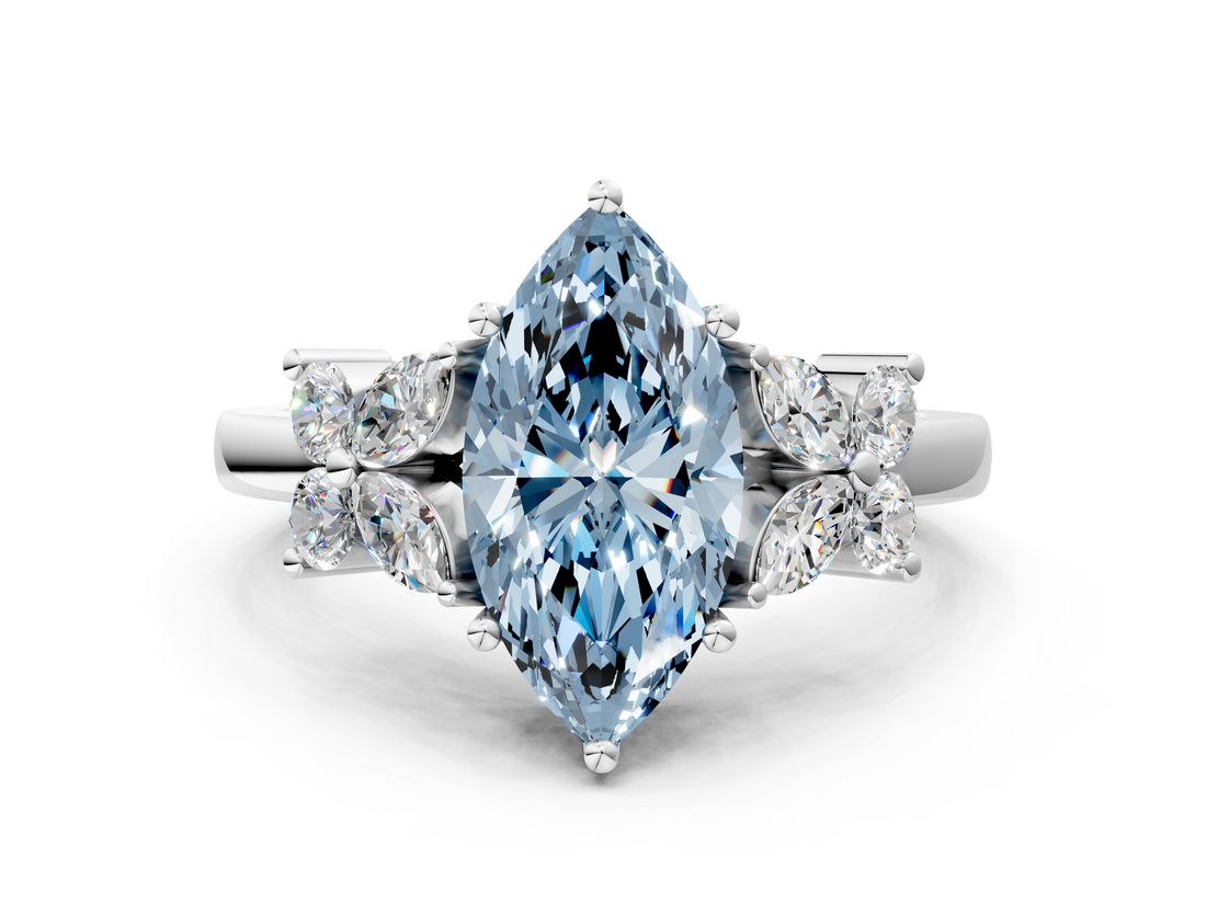 White gold Fancy Blue Marquise  Diamond Floral Cluster Ring with Solitaire Band and Prong Setting_26