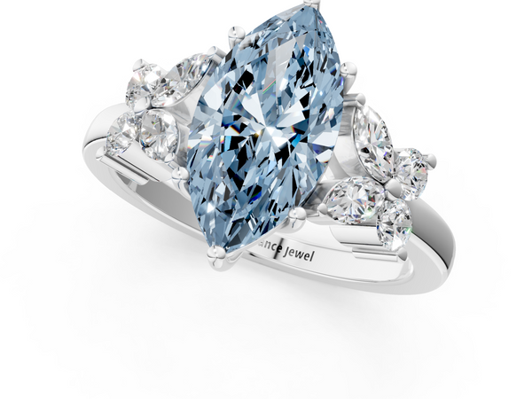 White gold Fancy Blue Marquise  Diamond Floral Cluster Ring with Solitaire Band and Prong Setting