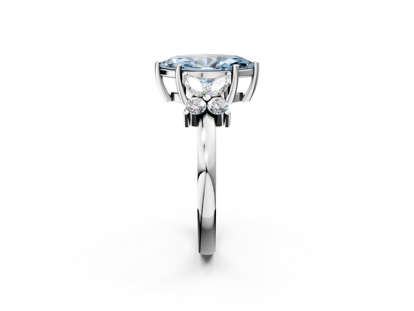 White gold Fancy Blue Marquise  Diamond Floral Cluster Ring with Solitaire Band and Prong Setting